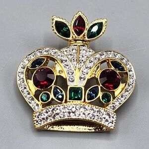 Ciro Crown Pin Brooch Christmas Jewelry Red Green Rhinestones Holiday Royal